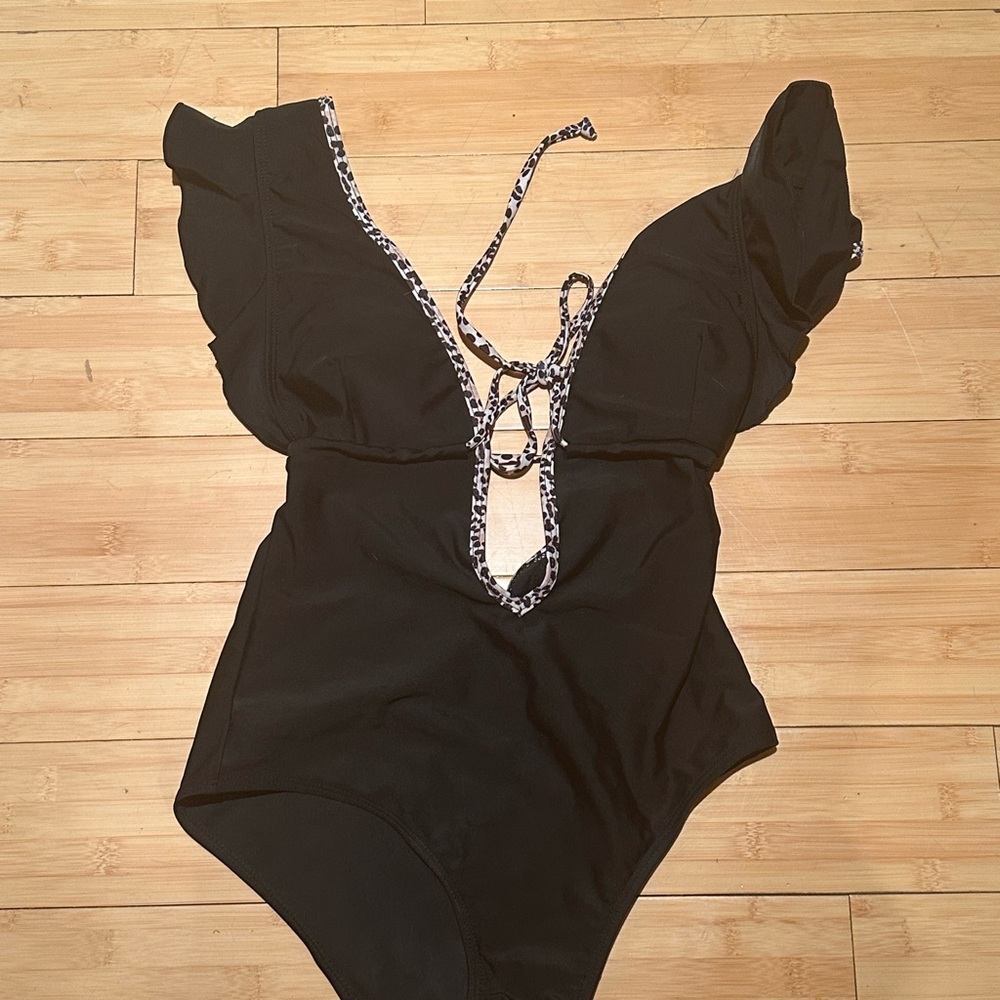 Black One-Piece Swimsuit with Leopard-Trim Accents